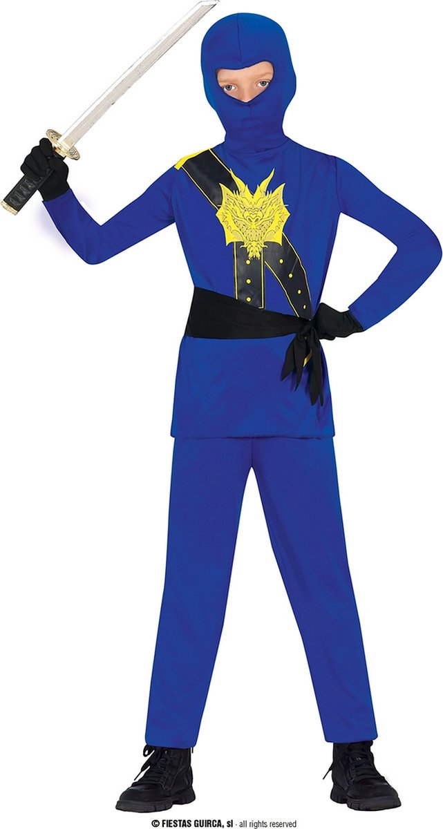 Guirca - Ninja & Samurai Kostuum - Go Blue Dragon Ninja - Jongen - Blauw - 3 - 4 jaar - Carnavalskleding - Verkleedkleding