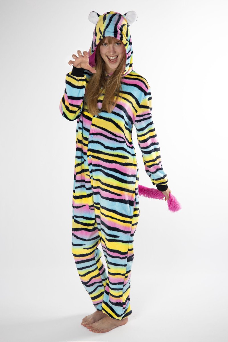 KIMU Onesie Regenboog Tijger Zebra Pak - Maat 128-134 - Kattenpak Kostuum Gestreepte Kat - Kinderen Jumpsuit Pyjama Huispak Meisje Carnaval Carnavalspak