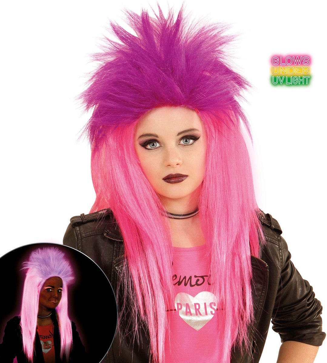 Widmann - Punk & Rock Kostuum - Neon Rock Pruik, Kind Punk Roze - Paars, Roze - Carnavalskleding - Verkleedkleding