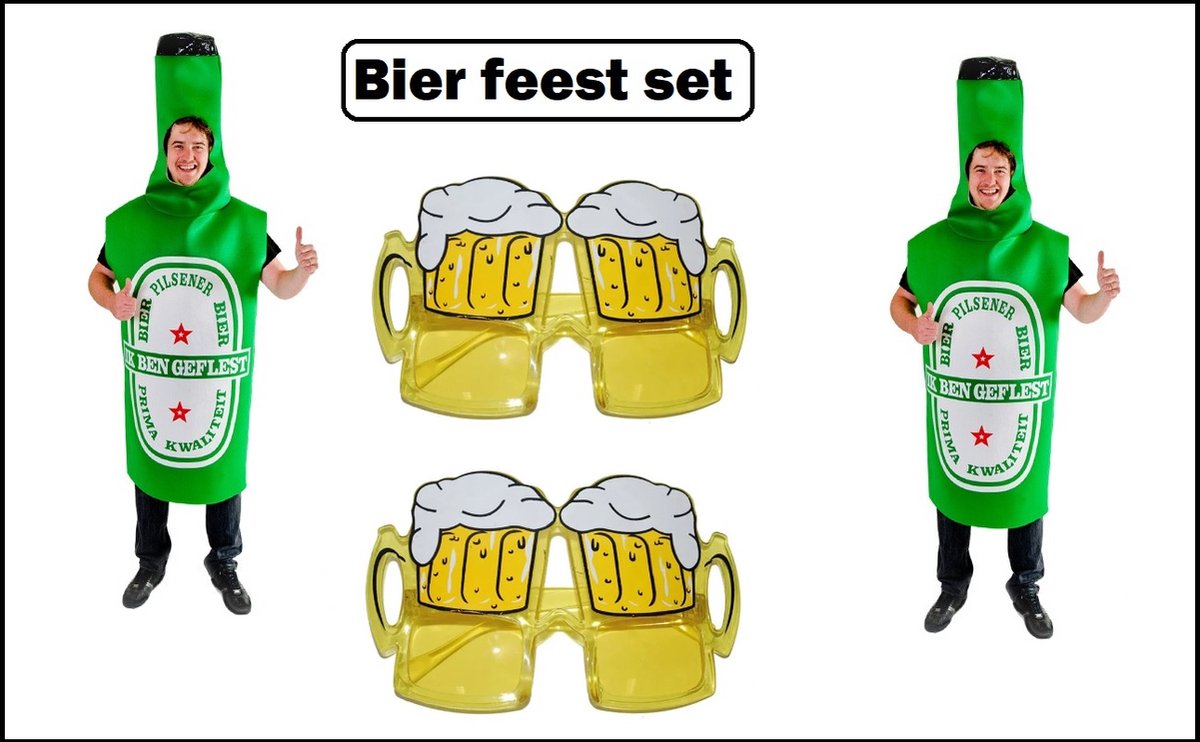 2x Bierfles outfit groen + bierglas bril - bier fles bierfeest thema party carnaval apres ski oktoberfest vrijgezellen feest grappig en fout festivalpak
