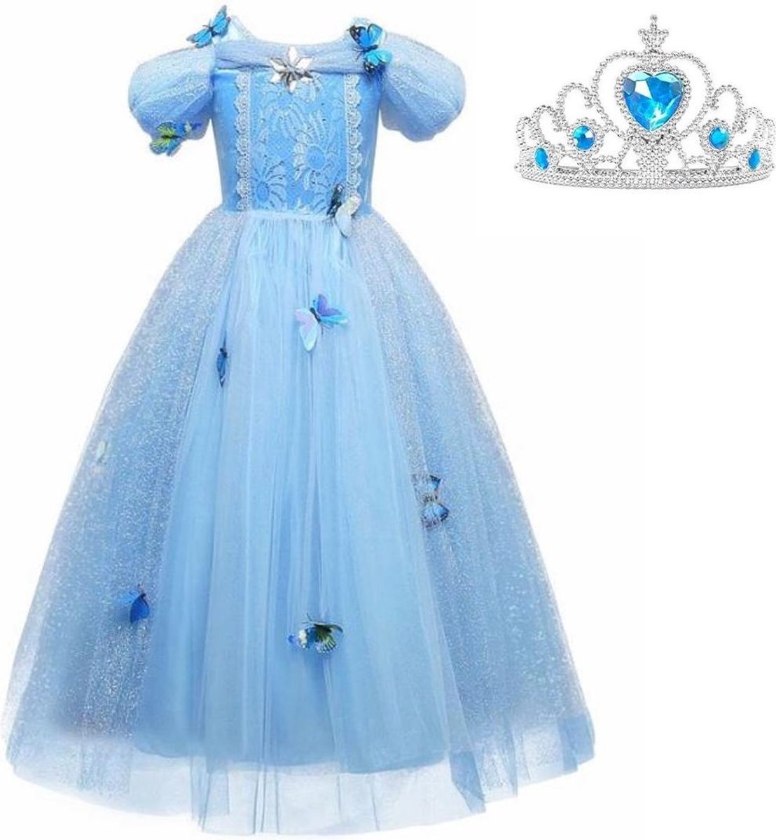 Assepoester jurk Prinsessen jurk verkleedjurk 104-110 (110) blauw Luxe met vlinders korte mouw + kroon verkleedkleding