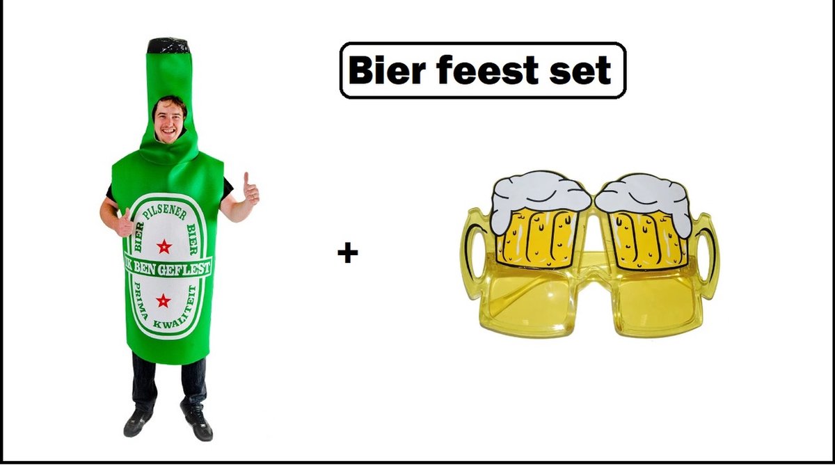 Bierfles outfit groen + bierglas bril - bier fles bierfeest thema party carnaval apres ski oktoberfest vrijgezellen feest grappig en fout festivalpak