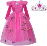 Doornroosje jurk Prinsessen jurk verkleedjurk 140-146 (140) fel roze Luxe met vlinders + kroon verkleedkleding kinderen
