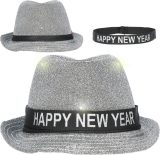 Folat - Trilby Hoed 'Happy New Year' Zilverkleurig met LED - Carnaval - Carnaval kostuum - Carnaval accessoires