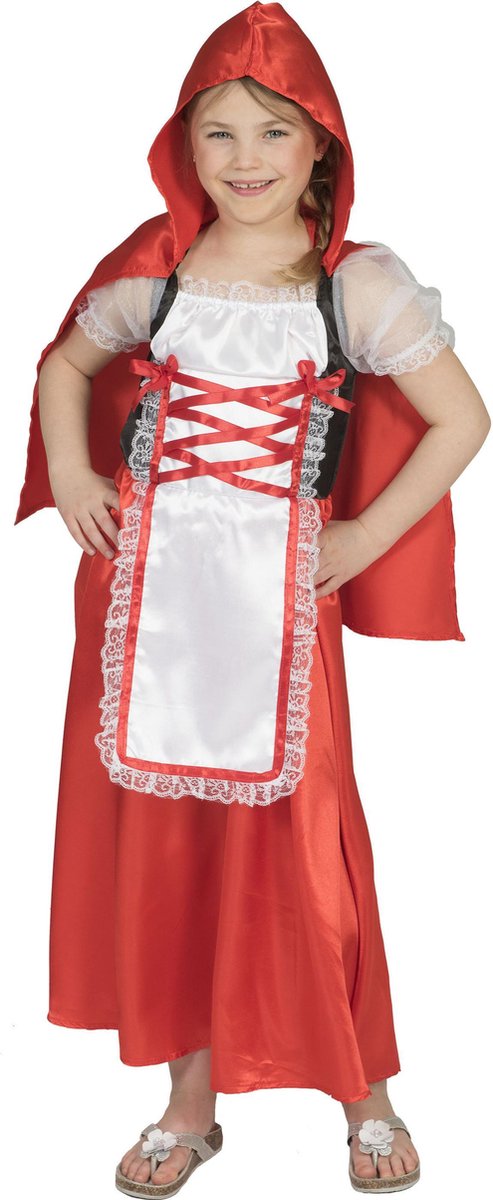Funny Fashion - Roodkapje Kostuum - Boeren Roodkapje - Meisje - Rood - Maat 116 - Carnavalskleding - Verkleedkleding