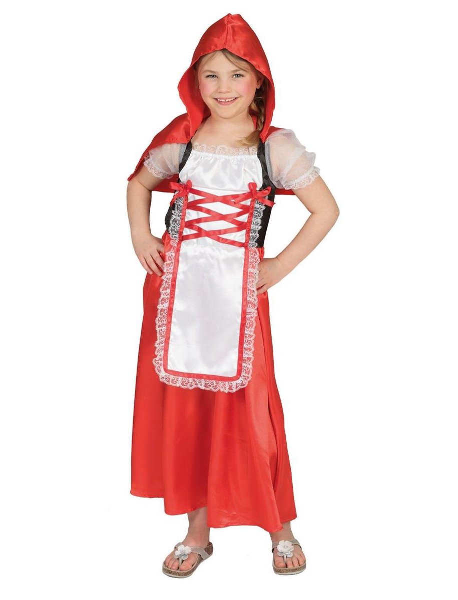 Funny Fashion - Roodkapje Kostuum - Boeren Roodkapje - Meisje - Rood - Maat 140 - Carnavalskleding - Verkleedkleding