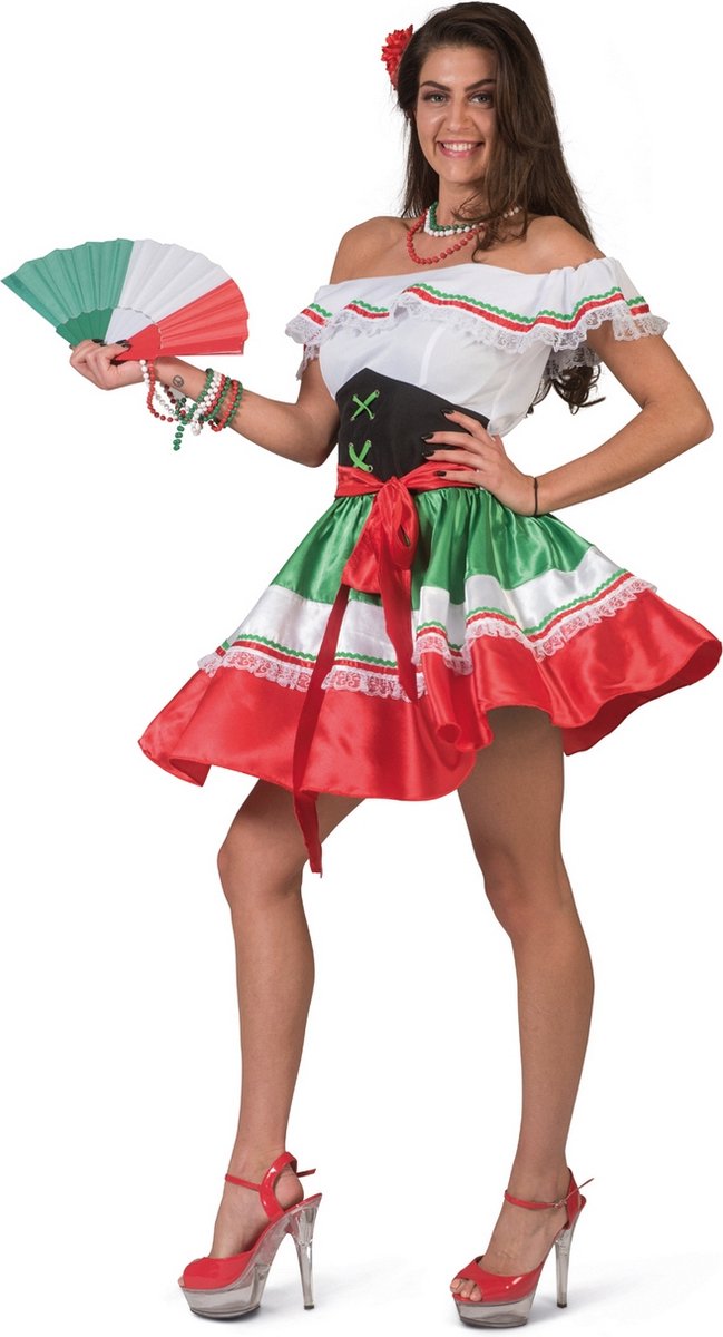 Funny Fashion - Spaans & Mexicaans Kostuum - Caramba Carlita Hete Mexicaanse Nachten - Vrouw - Rood, Groen, Wit / Beige - Maat 40-42 - Bierfeest - Verkleedkleding