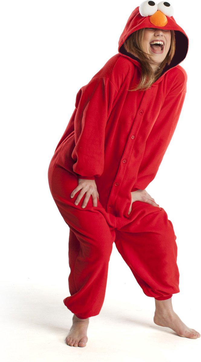 KIMU Onesie Elmo Pak Kostuum - Maat S-M - 158 164 Pak Rood Elmopak Jumpsuit Pyjama Kostuum Volwassenen Dames Heren Huispak Sesamstraat Festival