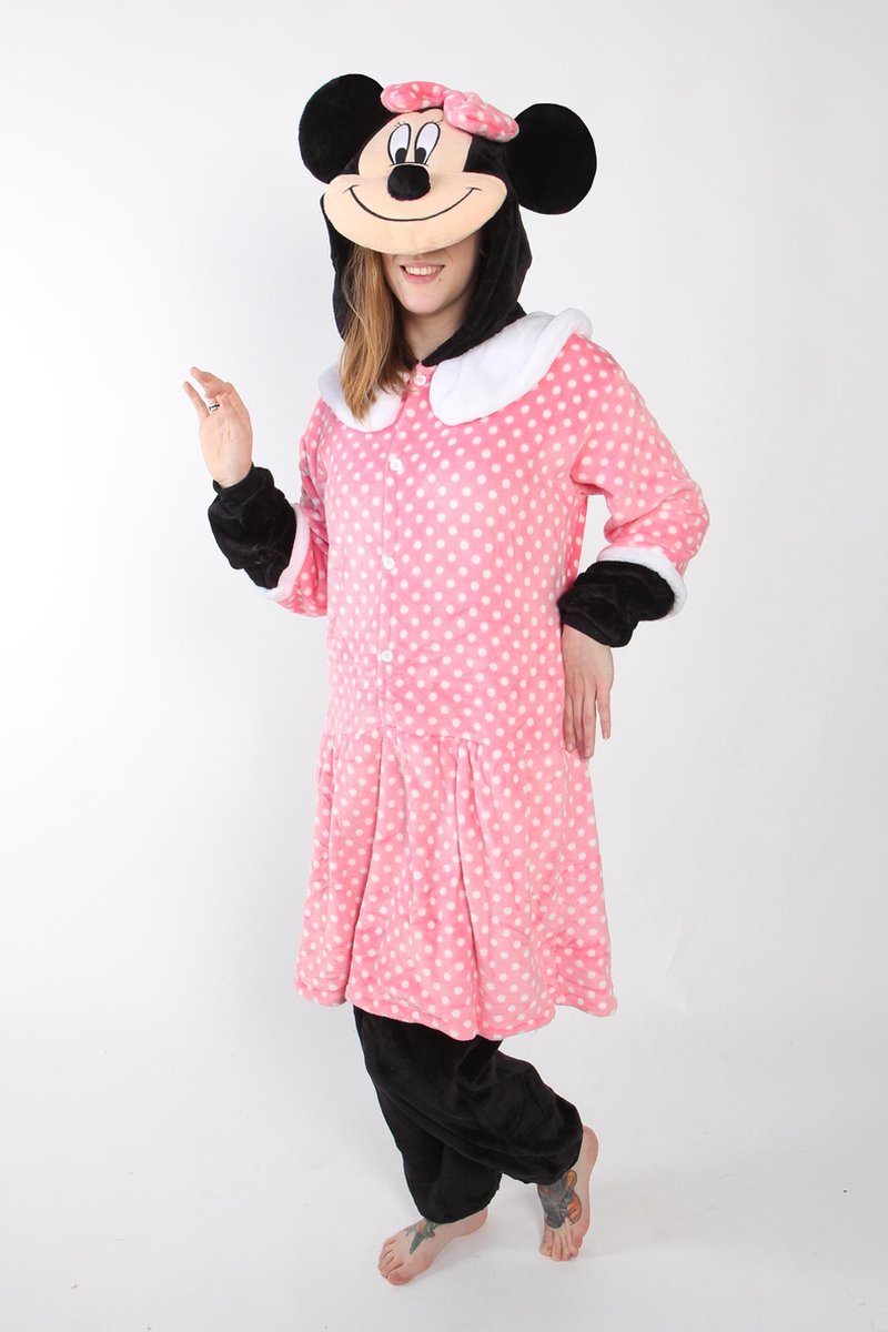 KIMU Warm Fleece Pak Zwarte Muis Onesie - Maat 110-116 - Minny Roze Pokadots Jumpsuit Kinderen - Pyjama Kostuum Mouse Huispak Pakje Skipak Festival