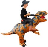 KIMU® Opblaasbaar Rijdend Op T-Rex Kostuum - Opblaaspak Bruin Dino Pak Dinosaurus - Zittend Opblaasbare Mascotte Festival