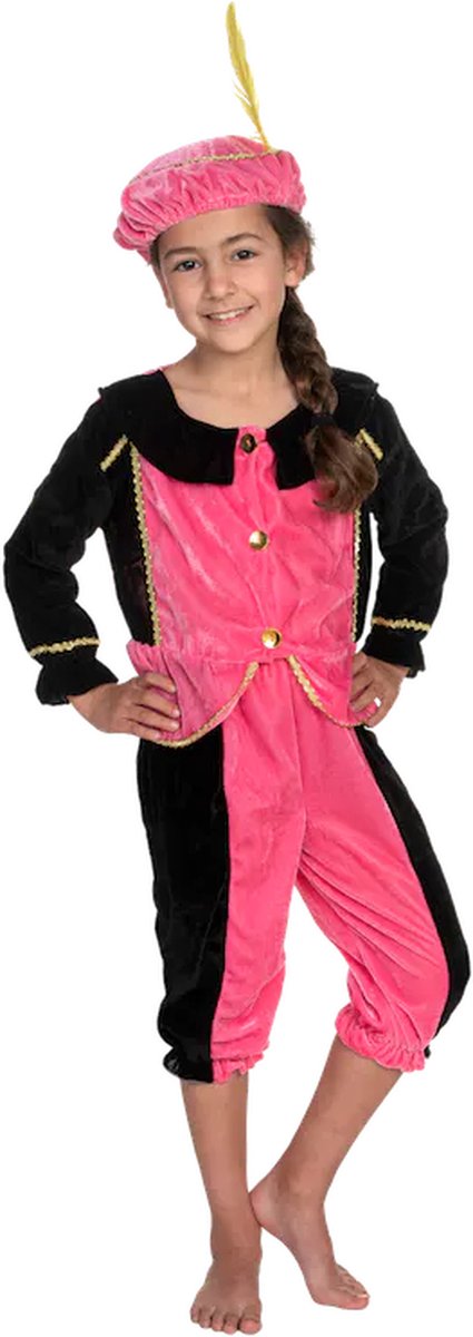 Pietenpak Zwart/Roze - pieten kostuum kinderen - 3-delig - maat 6-8 jaar