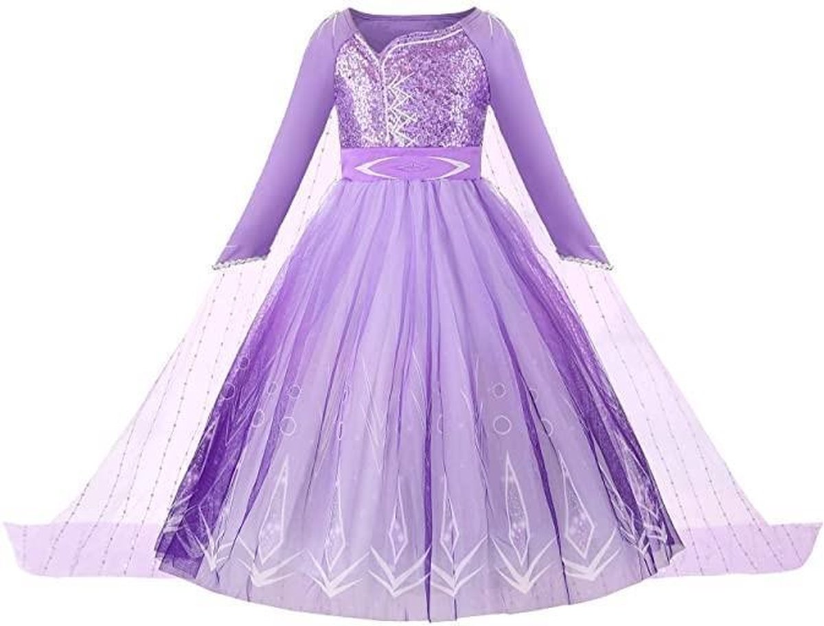 Prinses - Paarse Elsa jurk - Lange mouw - Frozen - Prinsessenjurk - Verkleedkleding - Maat 122/128 (6/7 jaar)