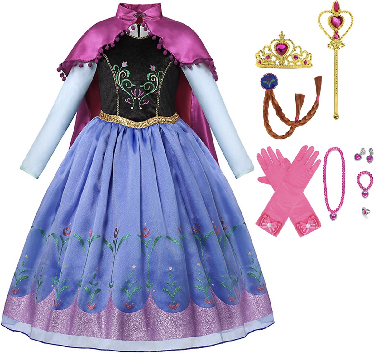 Prinsessenjurk meisje - Prinsessen speelgoed - Het Betere Merk - Lange roze cape - Maat 122/128 (130) - Carnavalskleding - Kroon - Toverstaf - Juwelenset - Lange handschoenen - Verkleedkleren - Kleed