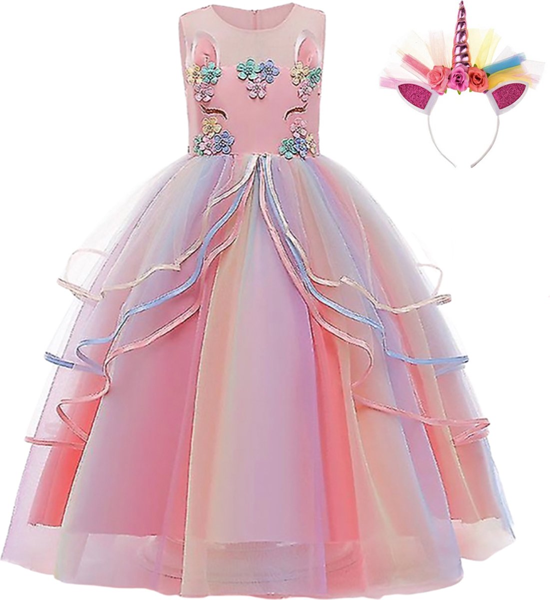 Unicorn Jurk | Eenhoorn Jurk | Prinsessenjurk Meisje | Verkleedkleren Meisje |maat 146/152| Prinsessen Verkleedkleding | Carnavalskleding Kinderen |+ Haarband | Roze