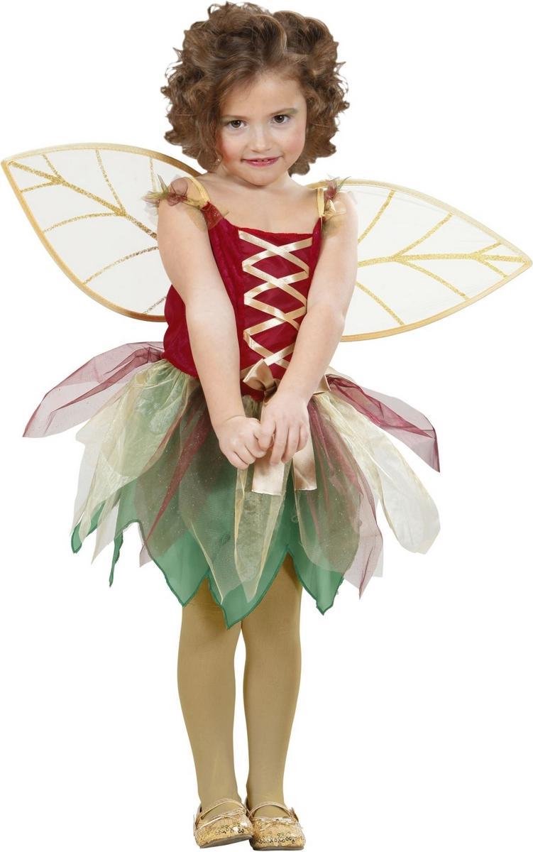 Widmann - Elfen Feeen & Fantasy Kostuum - Vrolijke Fladder Fee Gouden Vleugels - Meisje - Rood, Groen, Goud - Maat 98 - Carnavalskleding - Verkleedkleding