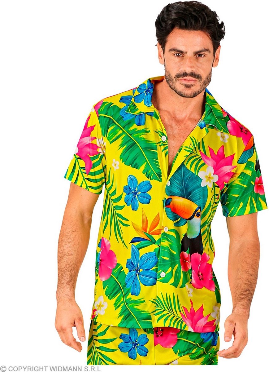 Widmann - Hawaii & Carribean & Tropisch Kostuum - Tropical Island Beach Flowers Geel Shirt Man - Geel - XXL - Carnavalskleding - Verkleedkleding
