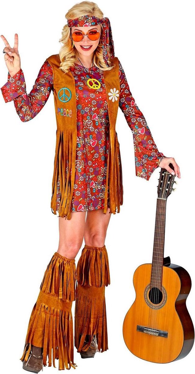Widmann - Hippie Kostuum - Francien Fraaie Franjes Hippie Jaren 60 - Vrouw - Bruin - XL - Carnavalskleding - Verkleedkleding