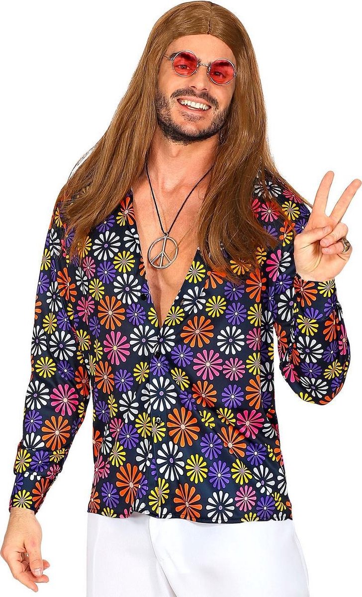 Widmann - Hippie Kostuum - Shirt Vol Madeliefjes Hippie Man - Paars, Multicolor - Large / XL - Carnavalskleding - Verkleedkleding