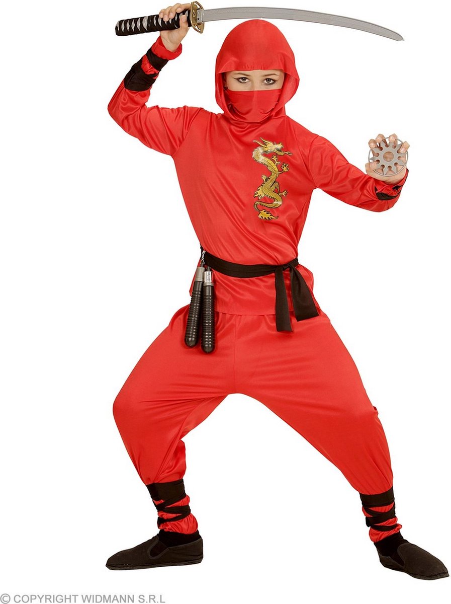 Widmann - Ninja & Samurai Kostuum - Red Dragon Ninja Strijder - Jongen - Rood - Maat 116 - Carnavalskleding - Verkleedkleding