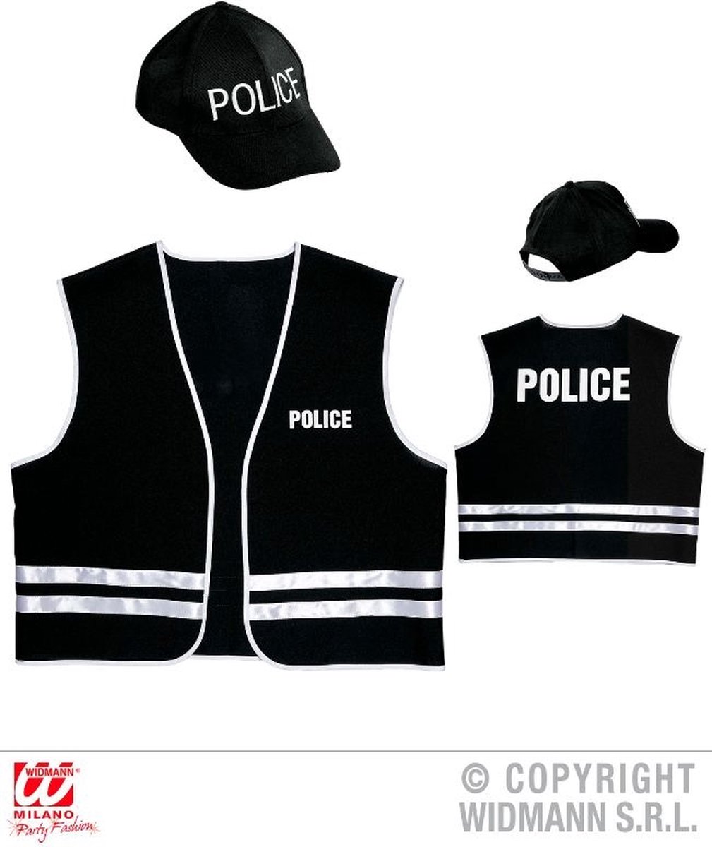 Widmann - Politie & Detective Kostuum - Zwart Politievest Met Cap Volwassen - Zwart - Medium / Large - Carnavalskleding - Verkleedkleding