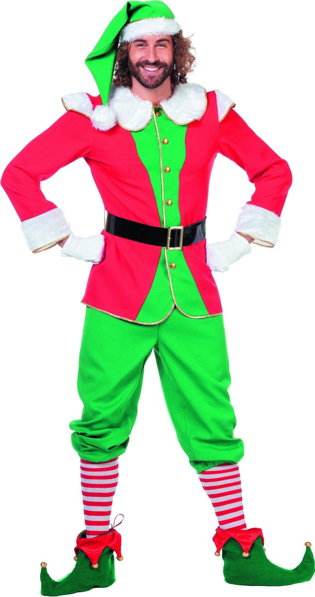 Wilbers & Wilbers - Kerst & Oud & Nieuw Kostuum - Engelse Elf Rood / Groen Met Muts - Man - Rood, Groen - Maat 64 - Kerst - Verkleedkleding