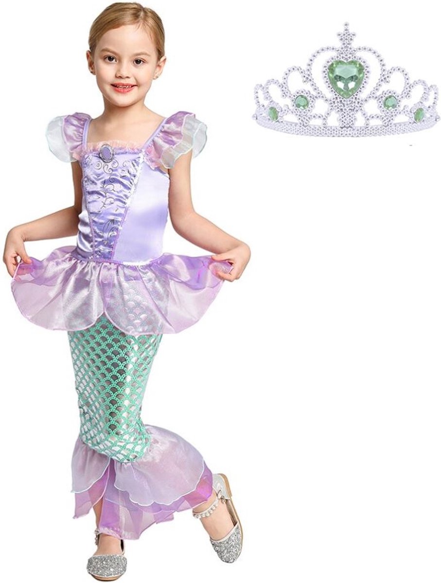 Zeemeermin jurk Prinsessen jurk + kroon - Groen- maat 140-146 (140) Prinsessenjurk meisje verkleedkleren meisje