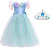 Assepoester jurk Prinsessen jurk licht blauw vlinders Luxe 116-122 (130) + blauwe kroon verkleedjurk verkleedkleding carnavalskleding