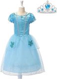 Assepoester jurk Prinsessen jurk verkleedjurk 104-110 (120) blauw met broche meisje + blauwe kroon