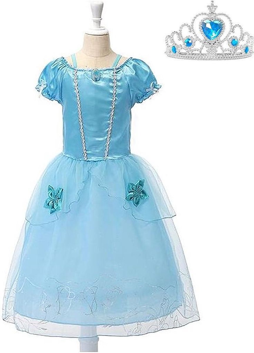 Assepoester jurk Prinsessen jurk verkleedjurk 104-110 (120) blauw met broche meisje + blauwe kroon