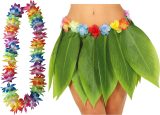 Toppers - Hawaii verkleed hoela rokje en bloemenkrans met led - volwassenen - groen - tropisch themafeest