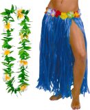 Toppers - Hawaii verkleed rokje en bloemenkrans - volwassenen - blauw - tropisch themafeest - hoela