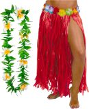 Toppers - Hawaii verkleed rokje en bloemenkrans - volwassenen - rood - tropisch themafeest - hoela