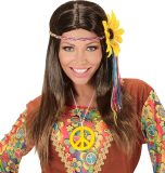 Widmann - Hippie Kostuum - Dammy Pruik, Hippie Bruin Met Meerkleuren Bloem Hoofdband - Bruin - Carnavalskleding - Verkleedkleding