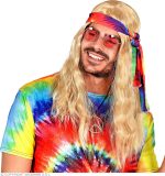 Widmann - Hippie Kostuum - Hippie Pruik Met Hoofdband Tie Dye Blond - Blauw, Rood, Blond - Carnavalskleding - Verkleedkleding