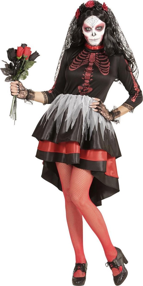 Widmann - Spaans & Mexicaans Kostuum - Perales Bruid Dia De Los Muertos - Vrouw - Rood, Zwart - Large - Halloween - Verkleedkleding