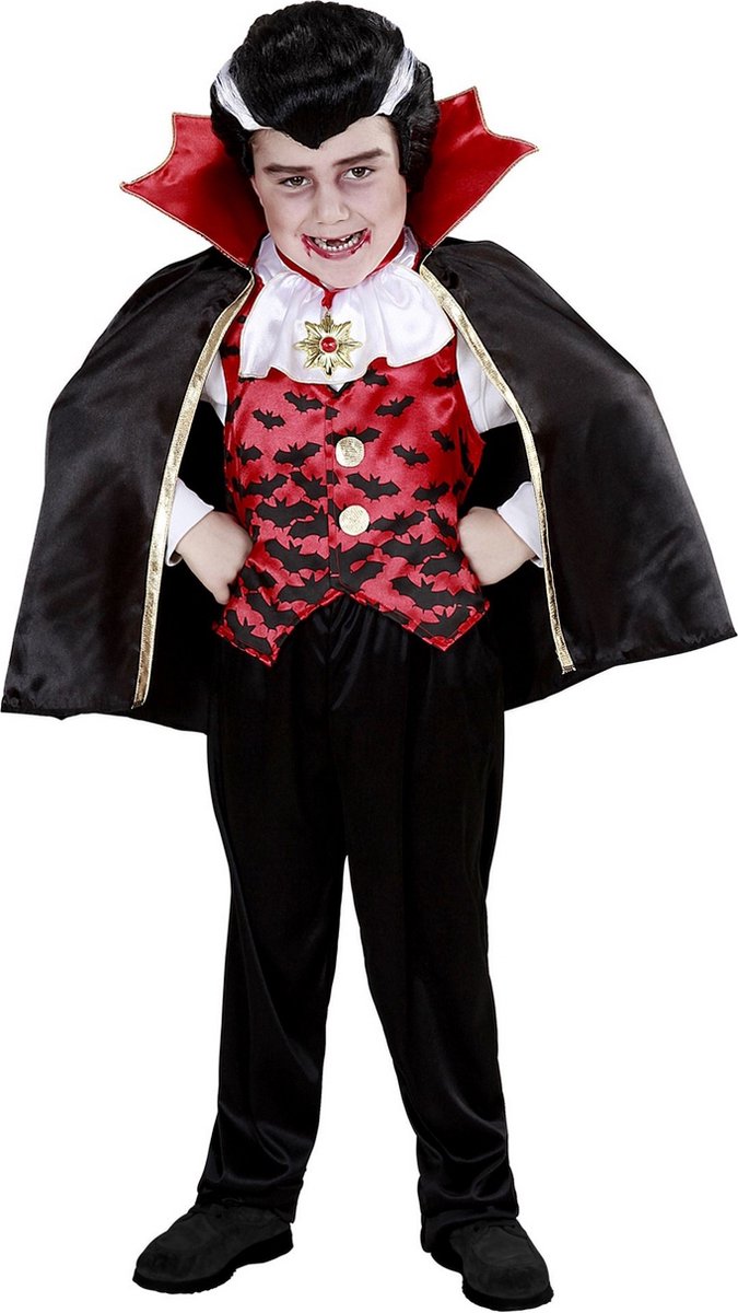 Widmann - Vampier & Dracula Kostuum - Gemeen Bijtende Vleermuis Vampier - Jongen - Rood, Zwart - Maat 110 - Halloween - Verkleedkleding