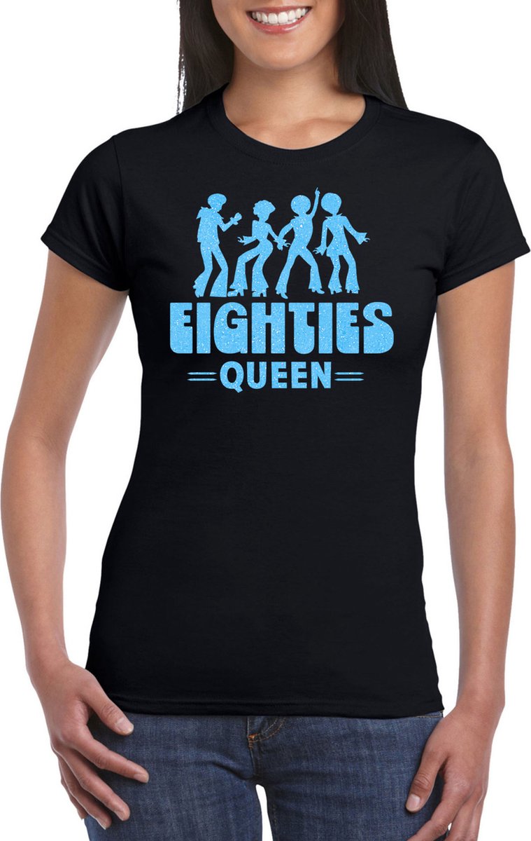 Bellatio Decorations Verkleed shirt voor dames - eighties queen - zwart/blauw - jaren 80 - carnaval L