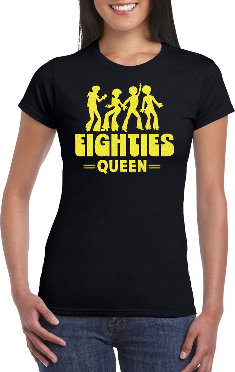 Bellatio Decorations Verkleed shirt voor dames - eighties queen - zwart/geel - jaren 80 - carnaval L