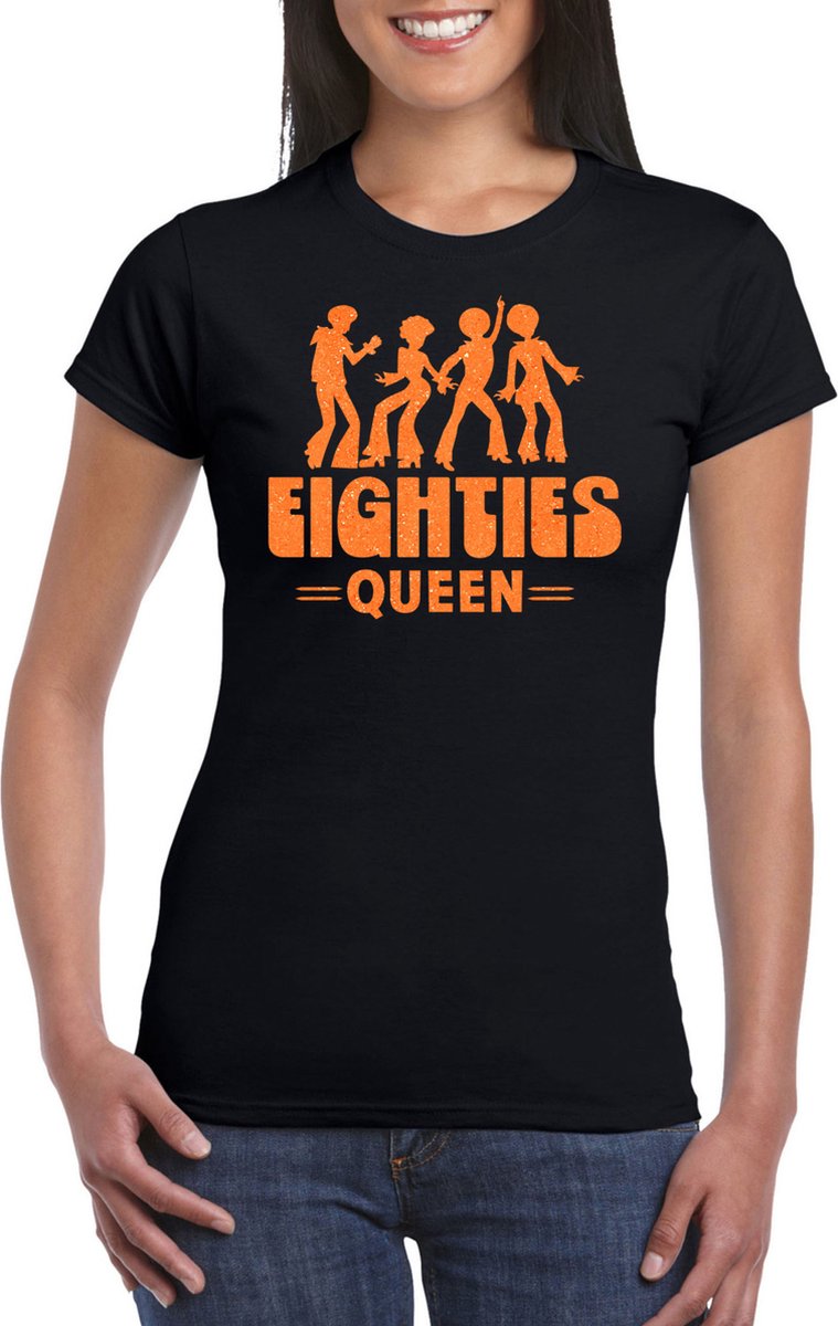Bellatio Decorations Verkleed shirt voor dames - eighties queen - zwart/oranje - jaren 80 - carnaval L
