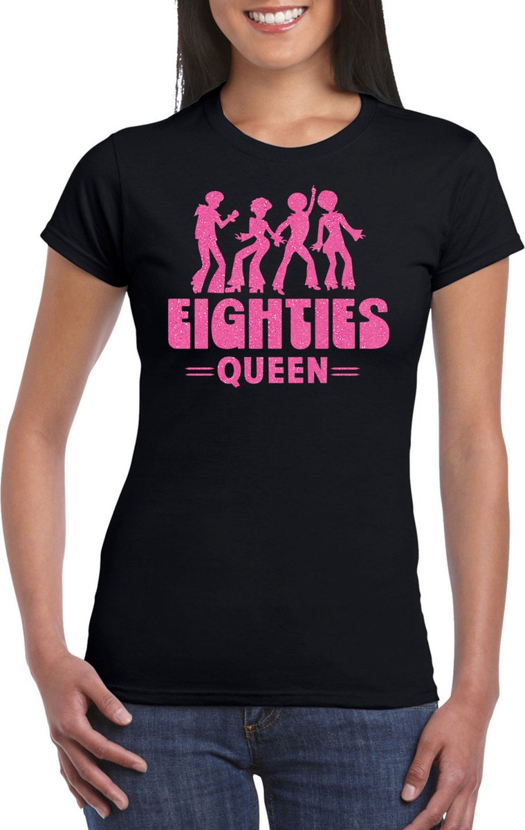 Bellatio Decorations Verkleed shirt voor dames - eighties queen - zwart/roze - jaren 80 - carnaval L