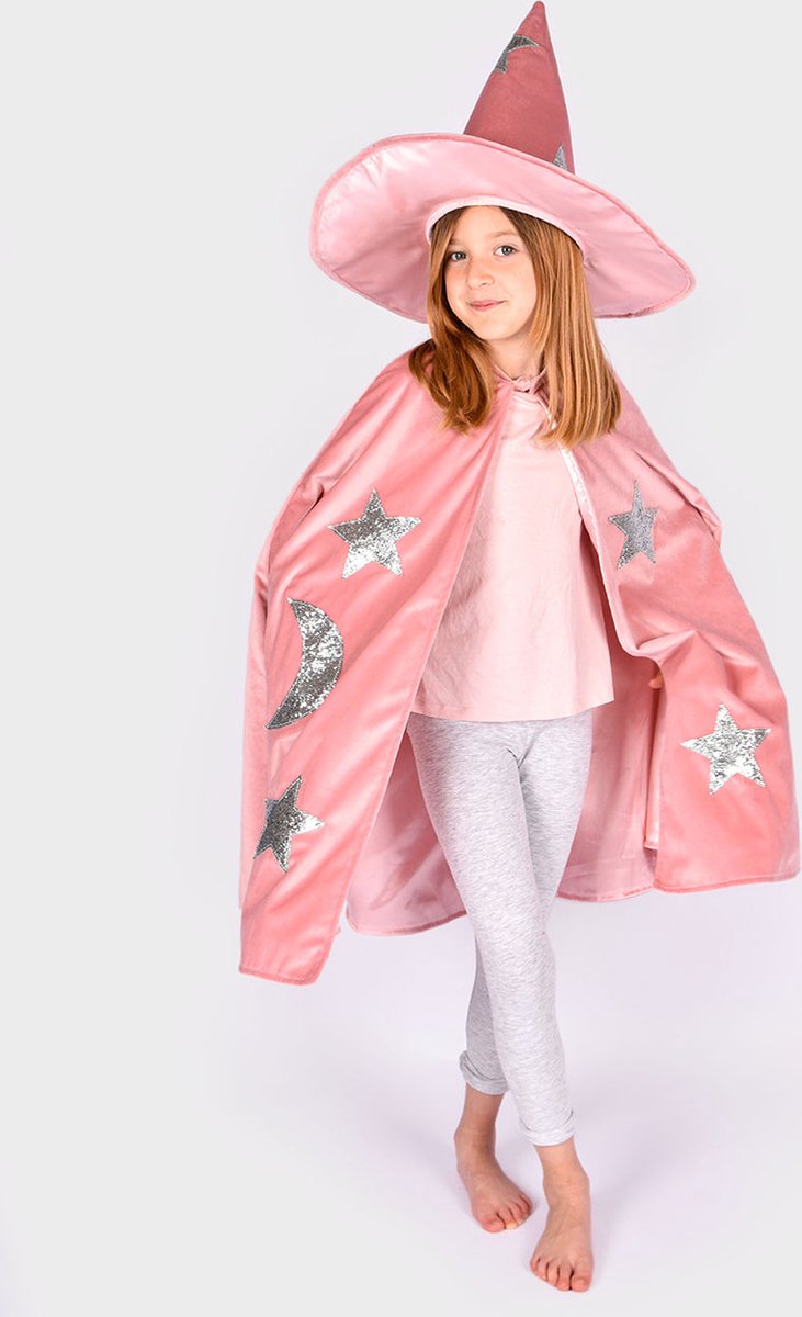 Den Goda Fen Verkleedkledij Heks - Cape en hoed - 3-8 jaar - Roze