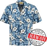Hawaii Blouse Mannen - Shirt - Hemd - 100% Katoen - Overhemd Heren Korte Mouw - "Hibiscus Surfboards Blauw" Made in Hawaii Maat L