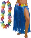 Toppers - Hawaii verkleed hoela rokje en bloemenkrans met led - volwassenen - blauw - tropisch themafeest