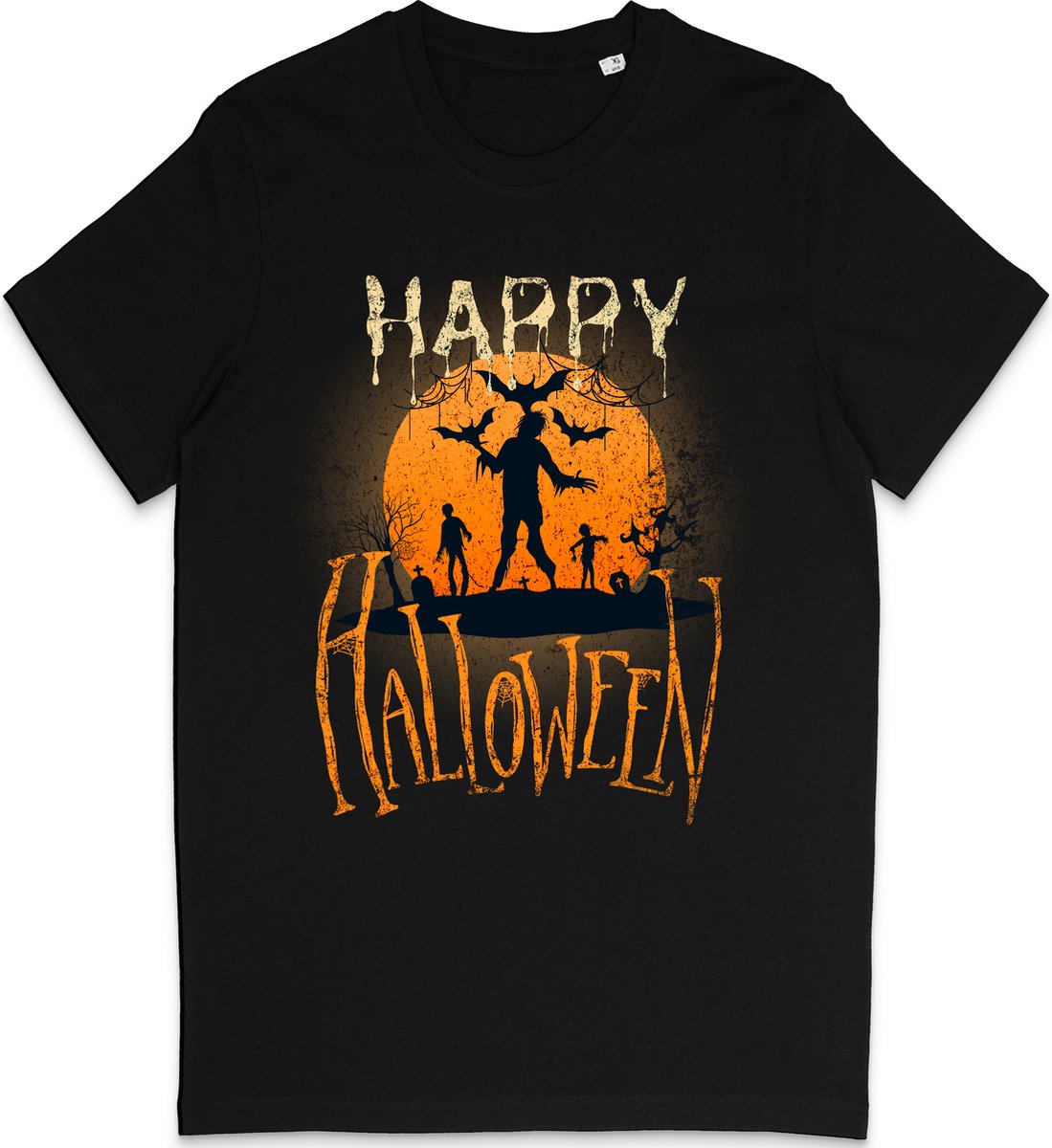 Zwart T Shirt Heren en Dames - Halloween Print - Maat S